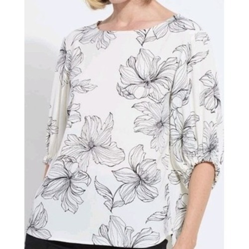 Lysse Veda White And Black Floral Print Balloon Sleeve Top Size‎ Medium NWT
